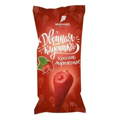 Мороженое Пломбир со вкусом клубники 15% Двойная клубника в ваф.конусе в шоколадной глазури