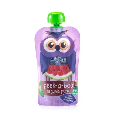 Детское органическое пюре Peek-a-boo из яблок, малины и черники, с.6 мес.