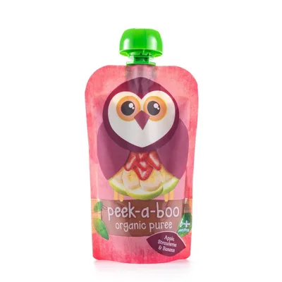 Детское органическое пюре Peek-a-boo из яблок,бананов и клубники, с 6 мес.