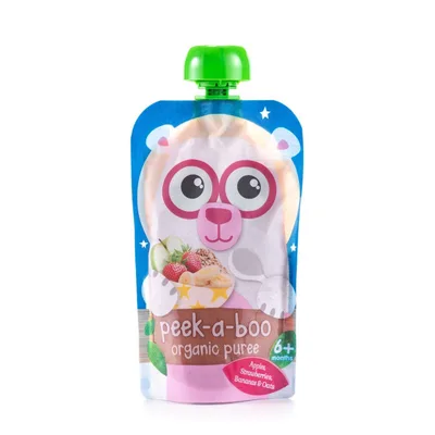 Детское органическое пюре Peek-a-boo из яблок, бананов и клубники с овсяной мукой, с 6 мес.