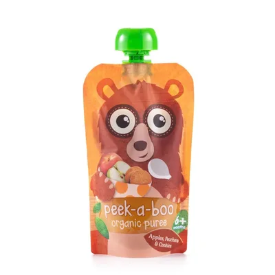 Детское органическое пюре Peek-a-boo из яблок, персика со вкусом печенья, с 6 мес.