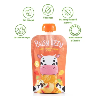 Пюре из яблок, персиков и манго "Busy Lizzy" для питания детей раннего возраста с 6 мес.