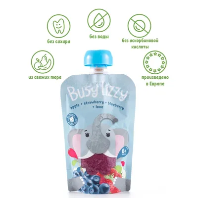 Пюре из яблок, клубники и черники "Busy Lizzy" для питания детей раннего возраста с 6 мес.