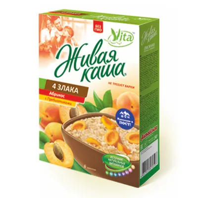 Vita Family Каша живая 4 злака с абрикосами. Хлопья цельнозерновые с проростками