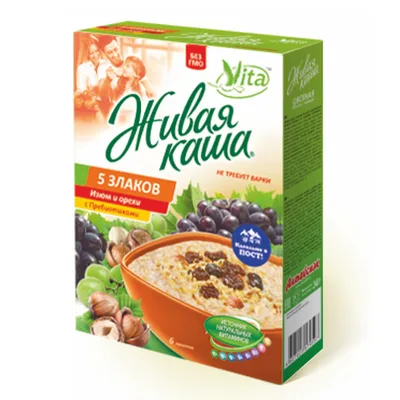 Vita Family Каша живая 5 злаков с изюмом и орехами. Хлопья цельнозерновые с проростками