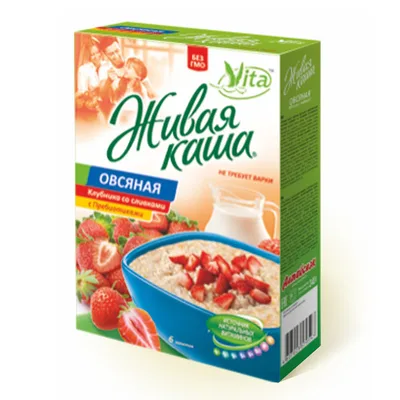 Vita Family Каша живая ОВЕС. КЛУБНИКА СО СЛИВКАМИ.. Хлопья цельнозерновые с проростками