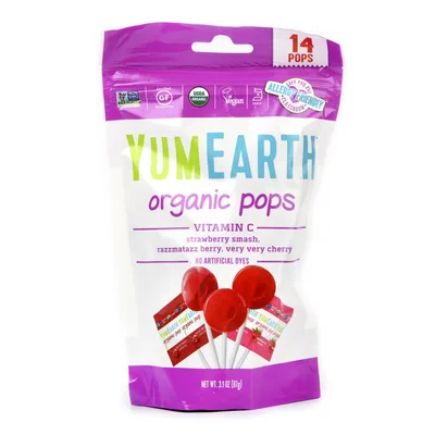 Карамель YumEarth® Organic Vitamin C Lollipops в асс.на палочке со вкусами клубника, вишня, малина