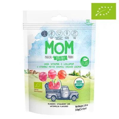 Карамель органическая на палочке MOM MAGICAL ORGANICMOODS со вкусом черники,клубники и арбуза