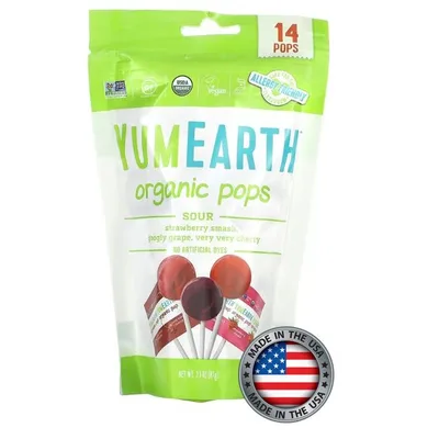 Органическая карамель Organic Sour Lollipops в асс-те на палочке  со вкусами вишня, яблоко, виноград